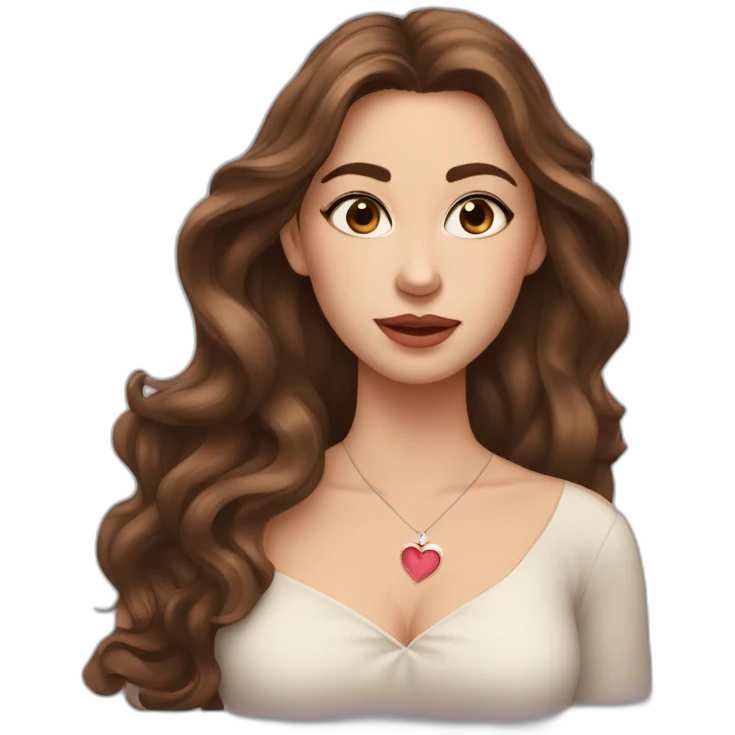 white beautiful woman, brown wavy hair covering one eye, heart gesture, long earrings emoji