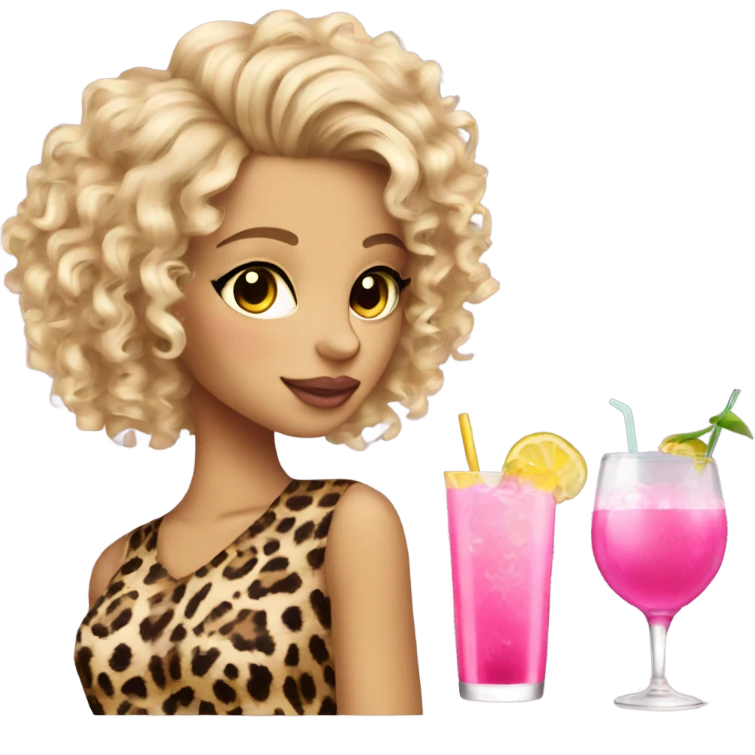 Blonde girl curly hair leopard print drinking pink cocktail emoji
