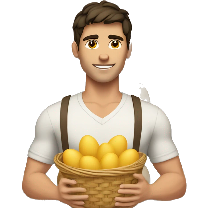 Buff white young man with dark hair holding one basket with a ton of eggs emoji