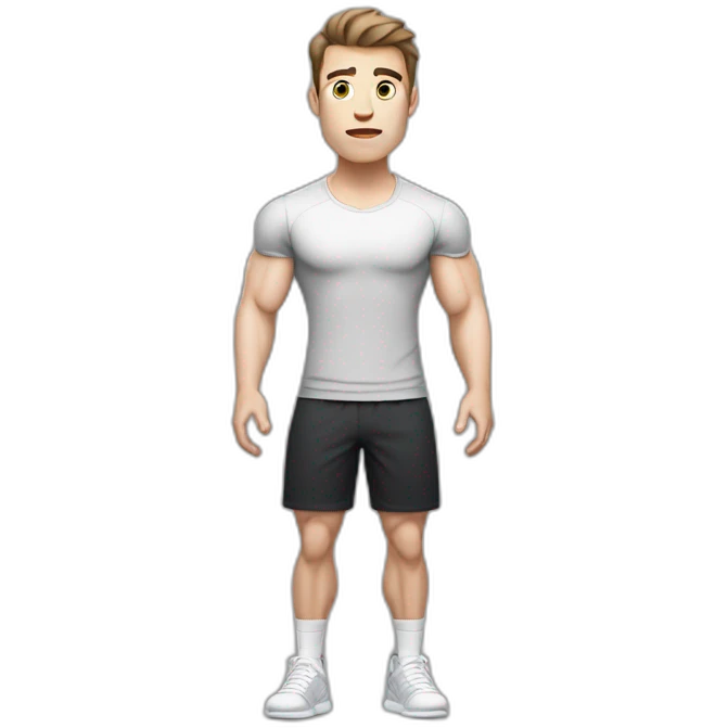 Confused Pale skinned Fit Man With the biceps and dark brown hair in black shirt, gray sports shorts and white Sneakers emoji