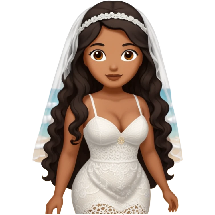 Curvy woman with brown skin with long wavy black hair, brown eyes. She's wearing a white crotchet dress getting married on a beach emoji