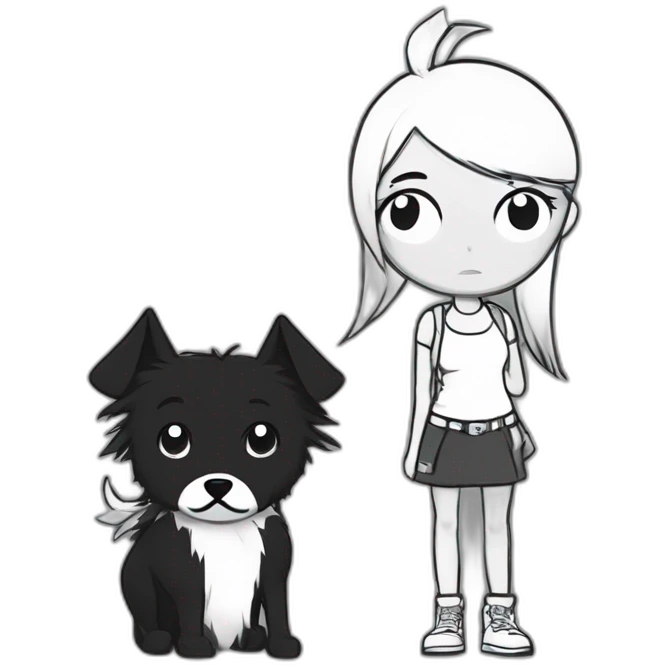 a dog and a girl with black spiky hair looking at each other in style of ((sarah andersen)), black and white emoji