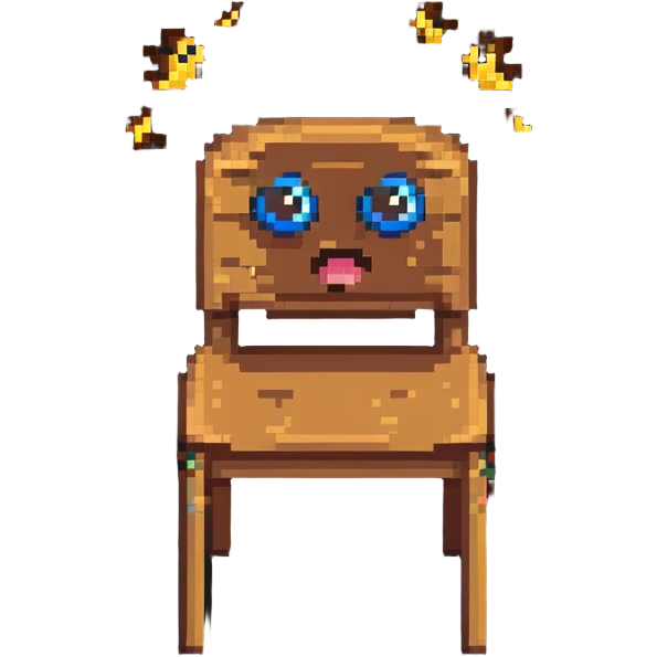 Pixel art of a wooden chair with cartoon eyes flying in the air emoji