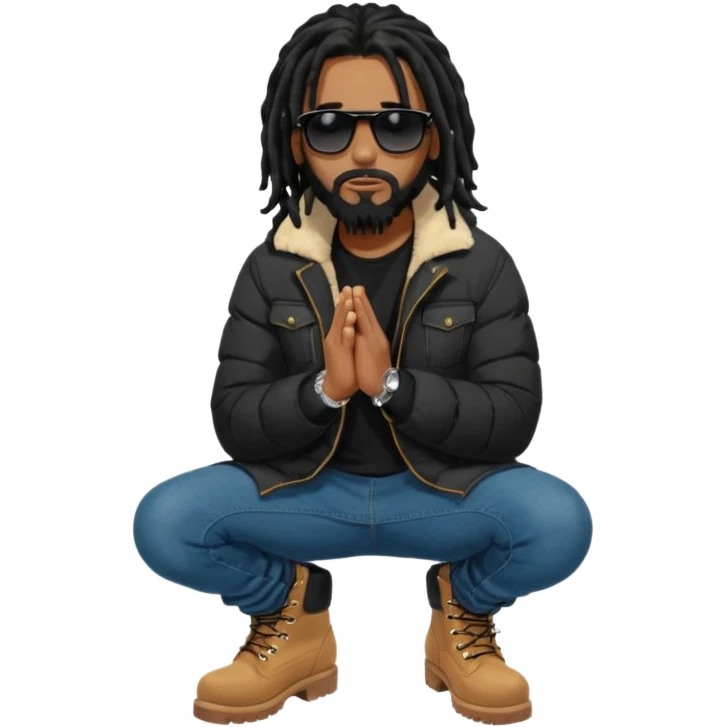 African American man with shoulder length black dreadlocks with black beard wearing black sunglasses wearing a black bubble winter coat wearing denim skinny jeans wearing wheattimberland boots kneeling in prayer emoji