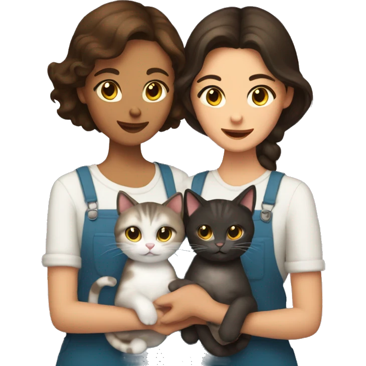 Two brunettes and three cats in their hands emoji