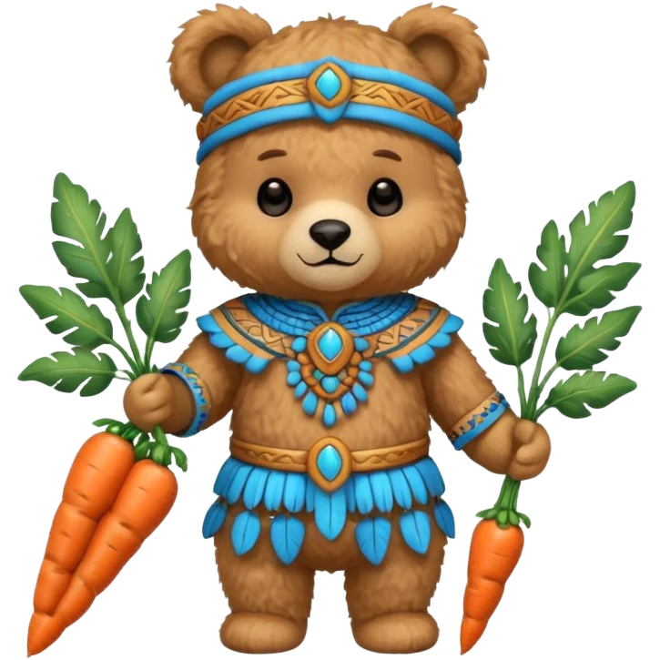 teddy bear, wearing blue mayan ancient custome, with carrot emoji