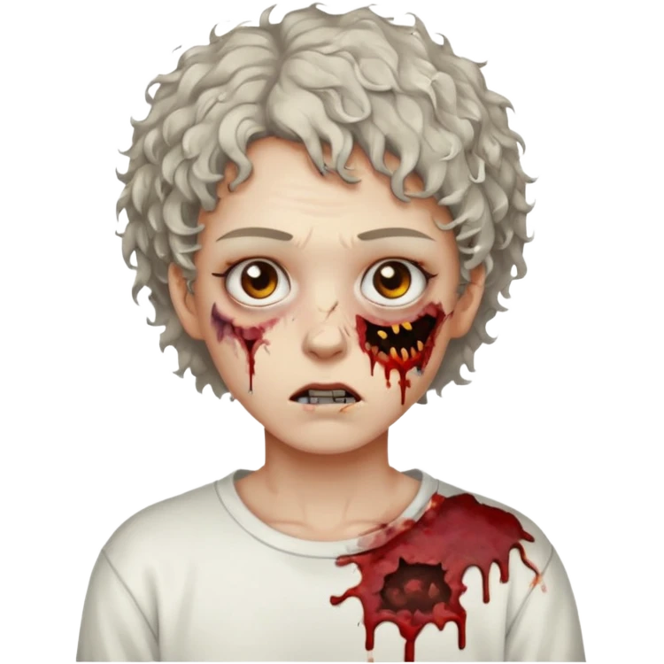 zombie with short curly hair and brown eyes wearing a white sweat emoji