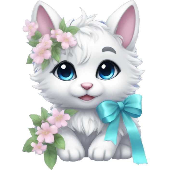 Anthro Cute Cool Blushing Pastel Innocent Shy Kawaii gorgeous sparkly ethereal fantasy animal creature with blue eyes furry sona with flowers and ribbons beautiful aesthetic emoji