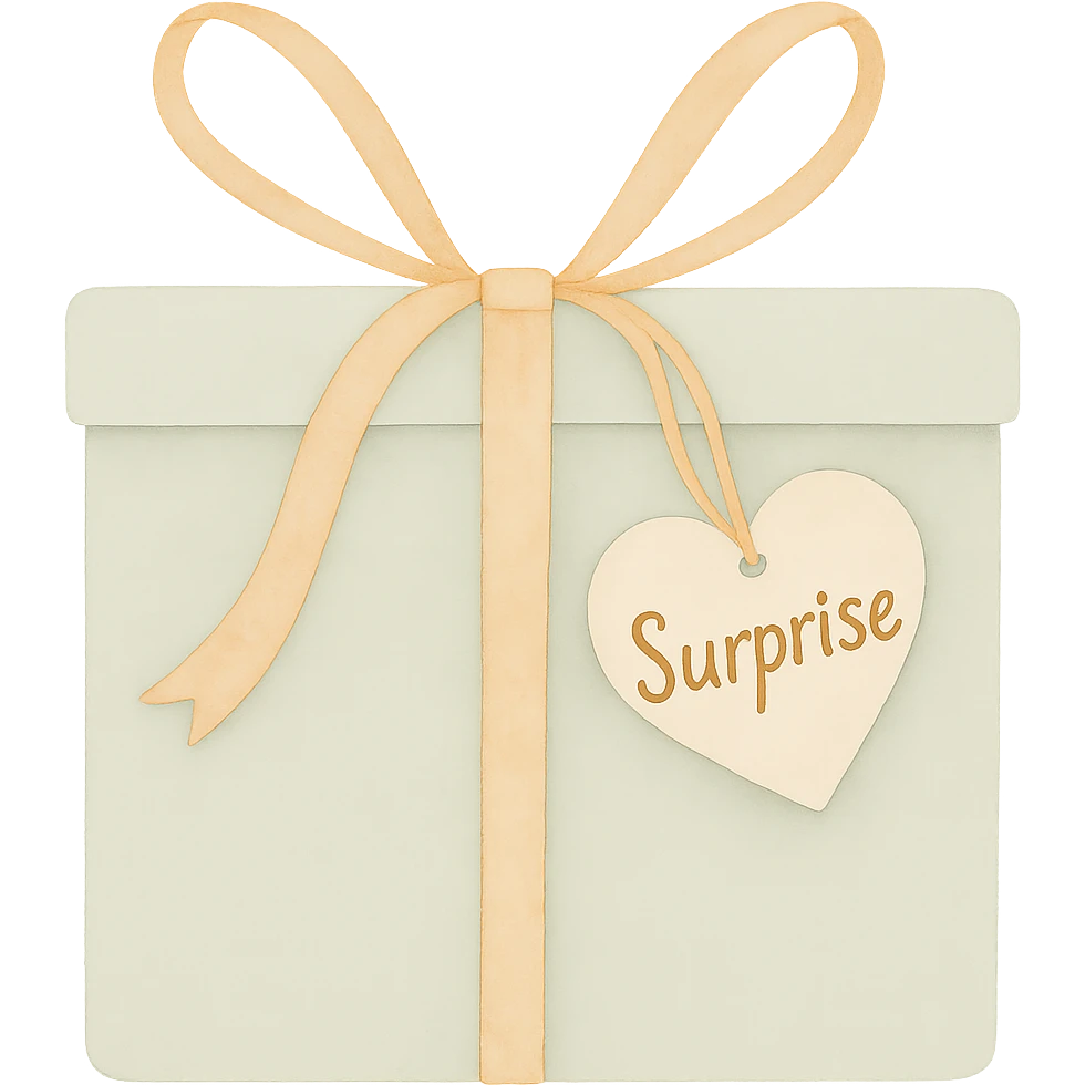 Change the name on the heart-shaped gift tag to 'Surprise', keep the watercolor art style, no background. emoji