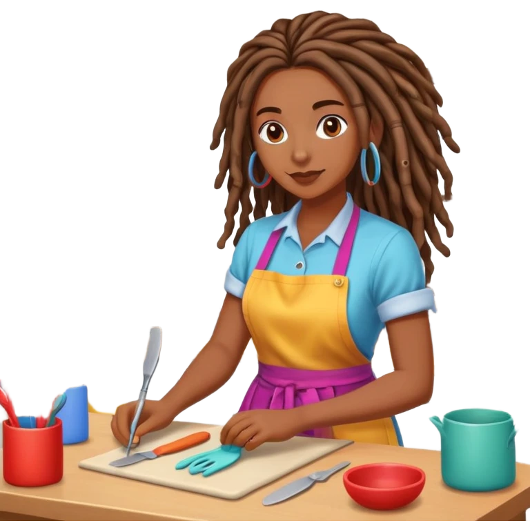 Brown skin lady with long locs working in craft room emoji