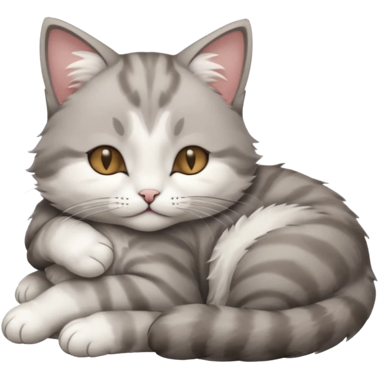 1 grey and white small cat with its eyes closed lying down leaning on its elbow with its paw curled under its head holding it up emoji