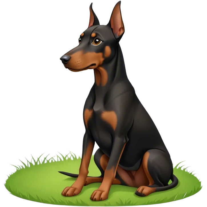 Close-up of a Doberman Pinscher sitting on lush green grass, looking alert and majestic. The background features a beautiful, serene nature view with rolling hills and bright blue skies. The dog’s sleek black and tan coat shines under the sun. Transparent background. emoji