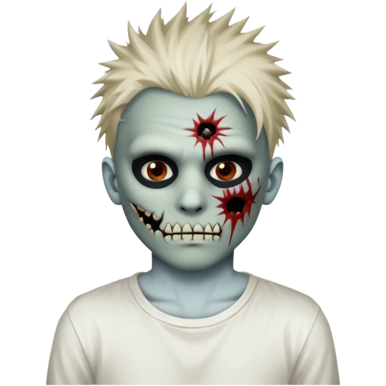 zombie boy with spiky emo hair and white shirt emoji and 

He wears an anonymous mask on half his face and has wounds on the other half. emoji