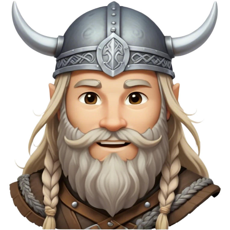 Clash of Clans aesthetic: Beautiful and Majestic Viking Portrait Emoji, Rendered in serene confidence with a gentle, enigmatic smile and a refined, weathered Viking helmet, showcasing a noble, sturdy build with long braided hair and a dignified beard, his face in natural skin tone, Simplified yet exquisitely endearing features, highly detailed, glowing with a soft, majestic Nordic light, high shine, calm and heroic, stylized with an air of timeless Norse elegance, soft glowing outline, capturing the essence of a majestic Viking whose noble spirit inspires epic quests! emoji
