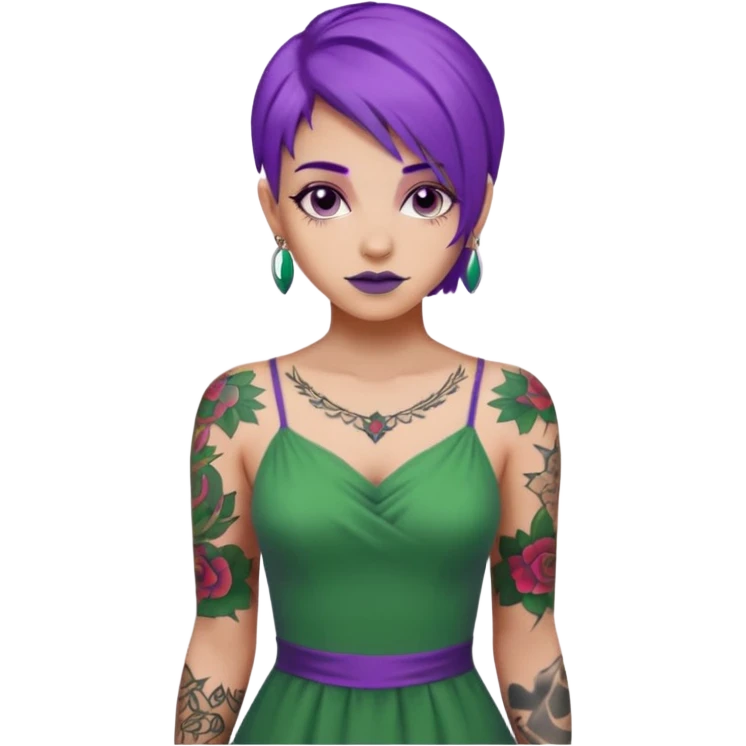 women with tatoos and hightlight that tatoos with purple hair and green dress emoji