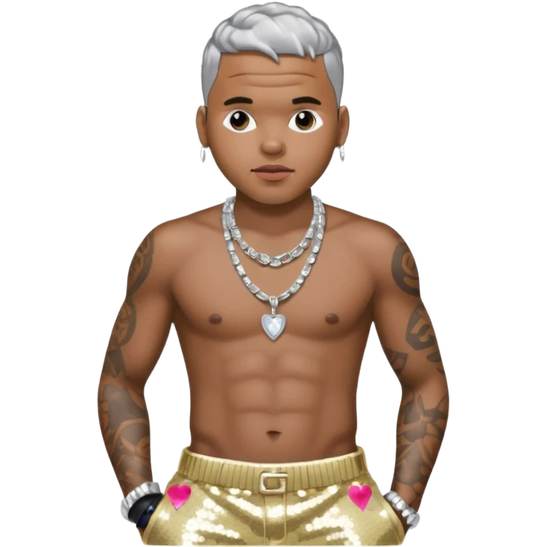 Chris Brown with silver sequin baggy pants, shirtless with necklace emoji