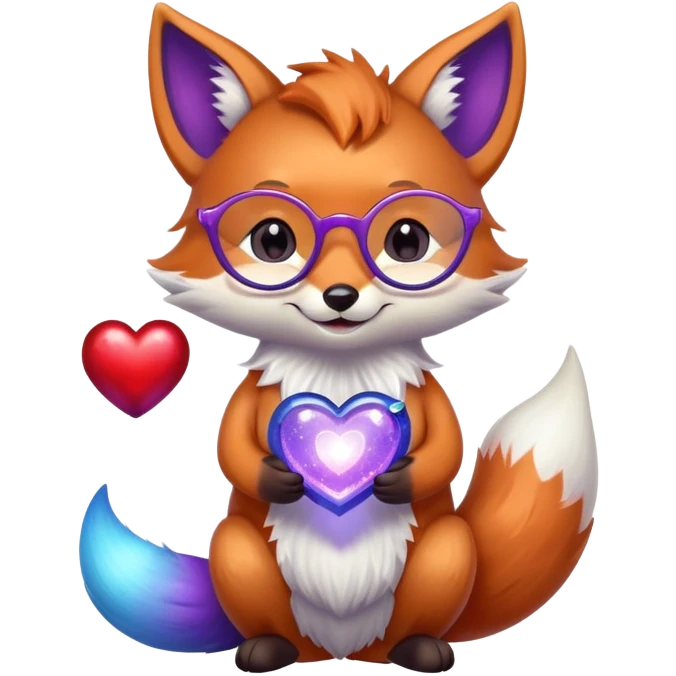 A small magical fox with shimmering purple and blue fur, a glowing fluffy tail, a silver star on its forehead, and round glasses, holding a tiny magical lantern, hugging a big red heart and smiling warmly. 🦊❤️ emoji
