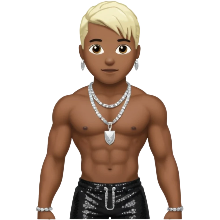 Sisqó with black sequin baggy pants, shirtless with necklace, dark skin, platinum blonde hair emoji