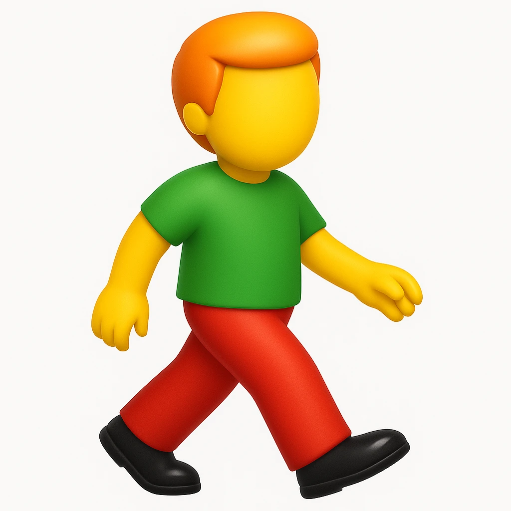 Make a more emoji-like image that looks exactly like the reference: walking man, no face, orange hair, green shirt, moderate red pants, black shoes, 3D iOS emoji style. Add a glossy effect to the shoes. emoji