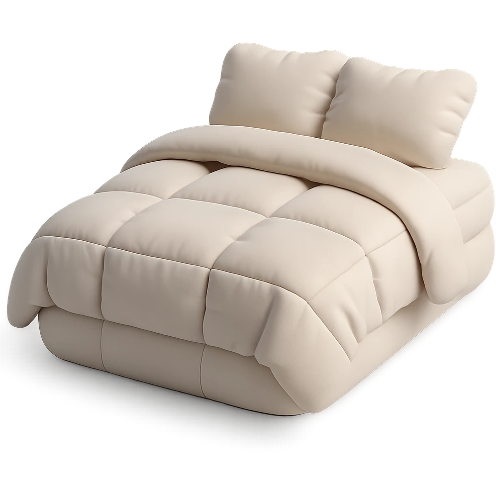 cushion style bed with puffy pillows and blanket, cozy and inviting emoji