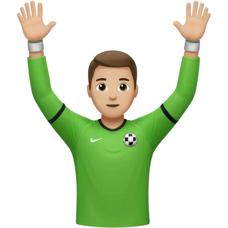 soccer goalkeeper wearing a green shirt, shorts, socks and football boots, with arms raised emoji