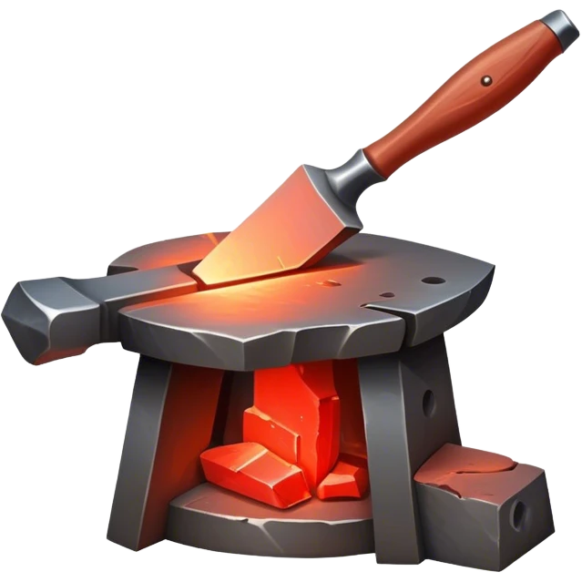 Blacksmithing icon, forged metal piece being shaped with hammer and anvil, glowing red-hot metal, blacksmith tools like tongs and chisel, sparks flying, minimalistic style, clean lines, transparent background. emoji