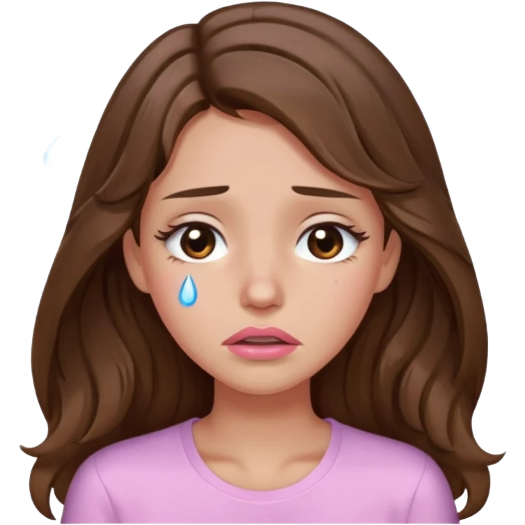 girl with wavy long brown hair, brown eyes, light to medium complexion, long lashes, light pink lipstick, wearing light pink shirt, weeping lots of big tears emoji