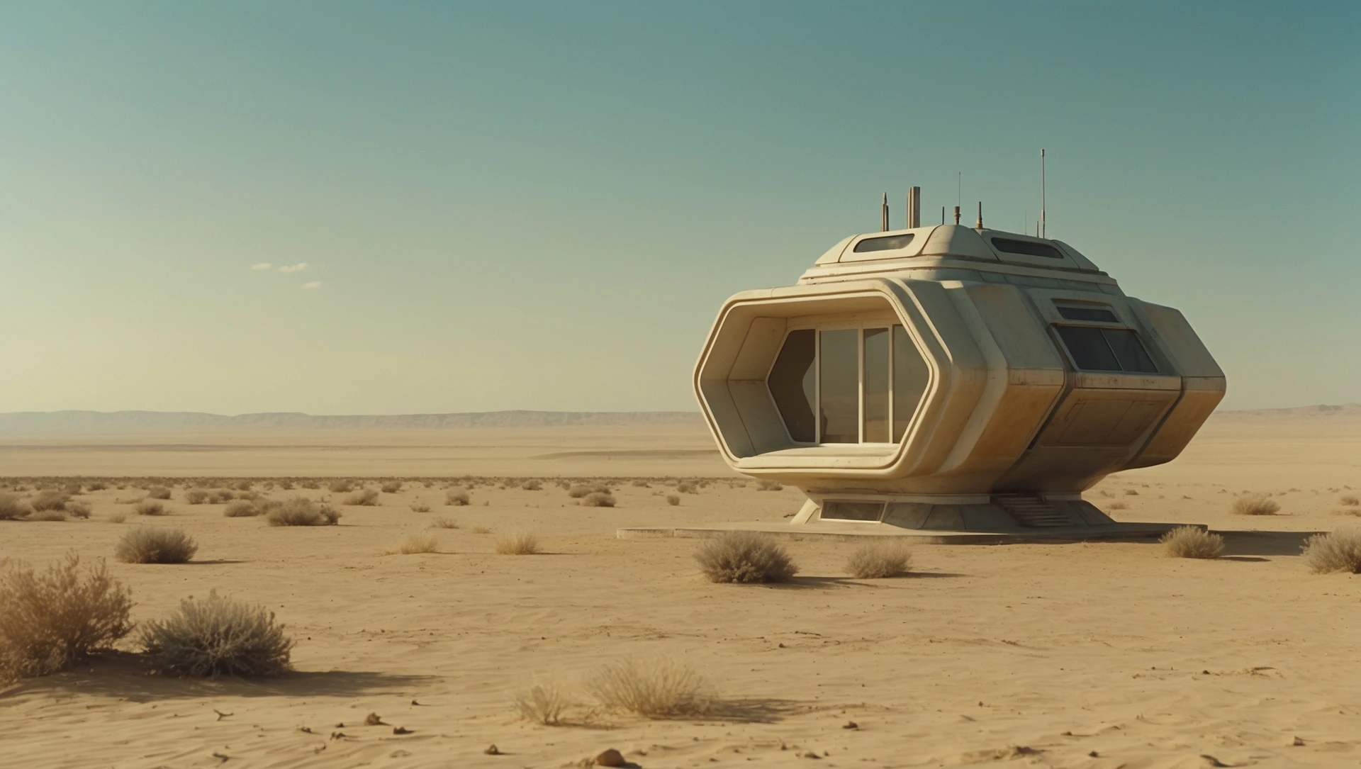 Cinematic still from 1990s Retro Space movie, film called Retro Futurism, Establishing scane showing desert with single small futuristic bulding, big landscape in background showing loneliness emoji