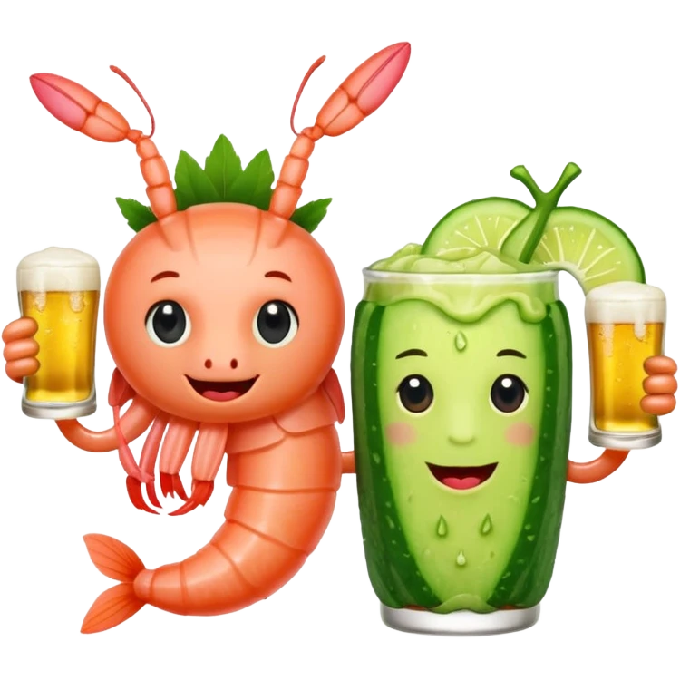 Create a modern emoji-style illustration of two shrimp characters, friendly and cool, slightly cartoon but stylish, not childish.
They are toasting (‘salud’), one shrimp holding a beer mug with aguachile topping, the other holding a fresh aguachile bowl with cucumber and chili.
  emoji