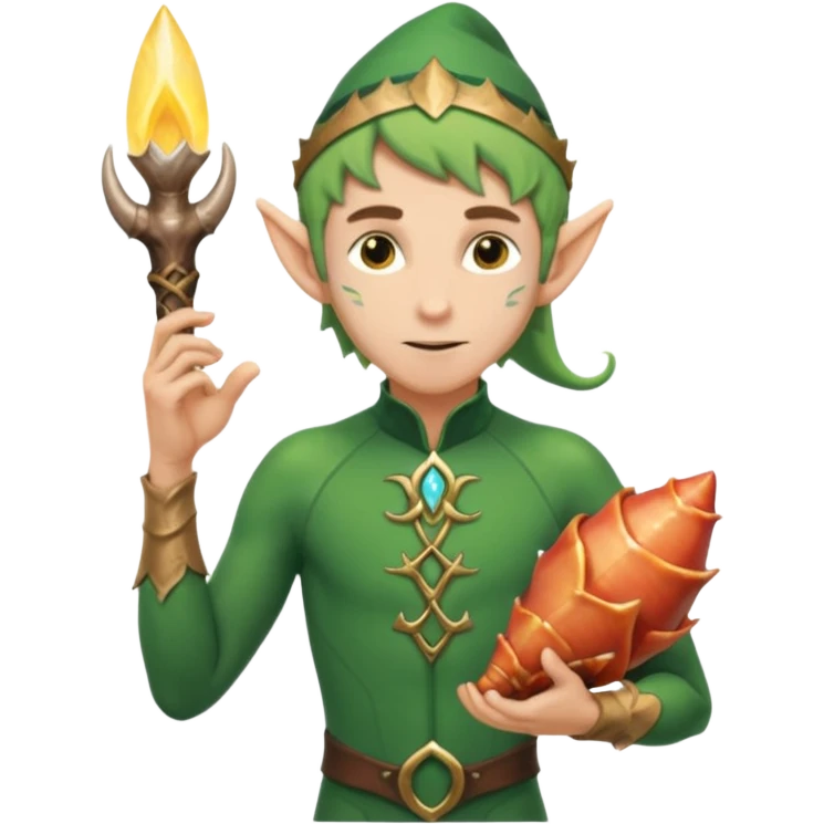 elf male Short wetsuit-style garb, glowing runes on skin, holding a conch horn. emoji
