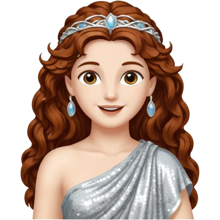 Diana, Goddess of Moon from Roman Deities with long dark auburn wavy hair, silver sequin toga emoji