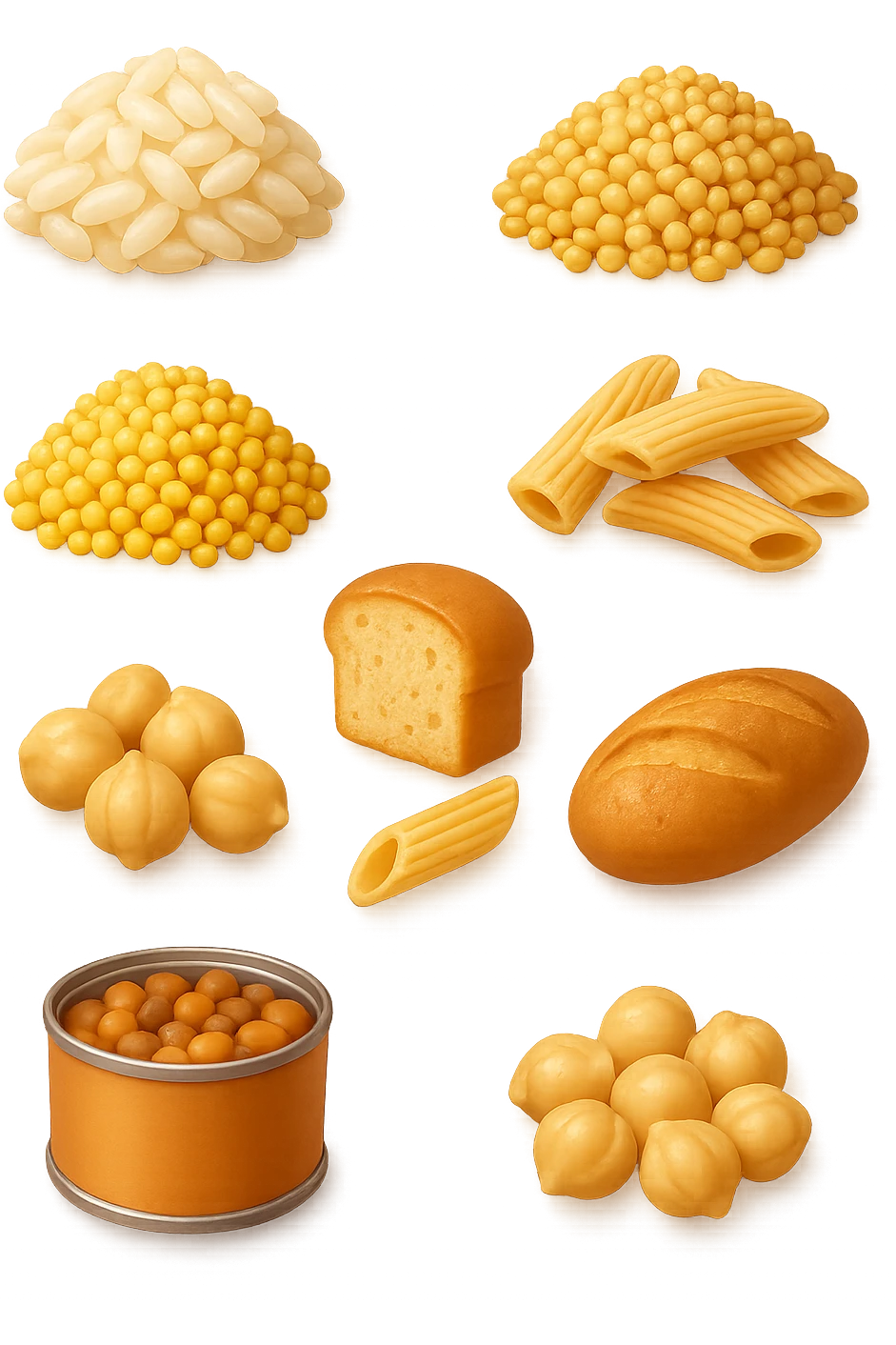 emoji stile iphone 3d di questi elementi che fluttuano in aria:

Riso, quinoa, avena, miglio, couscous senza glutine
Pasta e pane gluten-free
Farro a lievitazione lunga
Lenticchie e ceci in scatola

 che fluttuano in aria, iperealistico 4k emoji