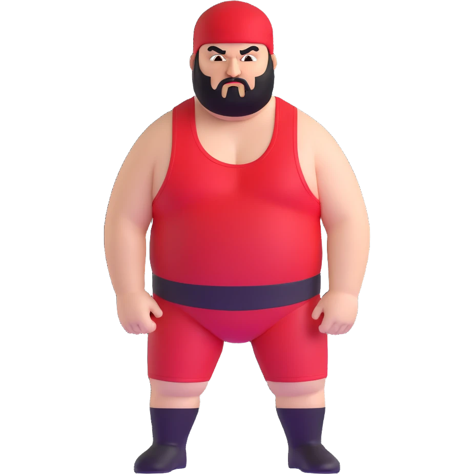 White skin fat guy with prominent black durag, shaved beard stubble, black eyes in a red and black wrestling singlet with angry face emoji