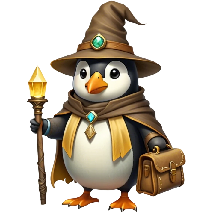 A wizard-explorer penguin inspired by Indiana Jones, wearing a weathered yellow enchanted hat and a flowing cape. It carries a leather satchel with ancient scrolls and holds a glowing magical relic. Cartoon-style, smooth shading, highly detailed, no background emoji