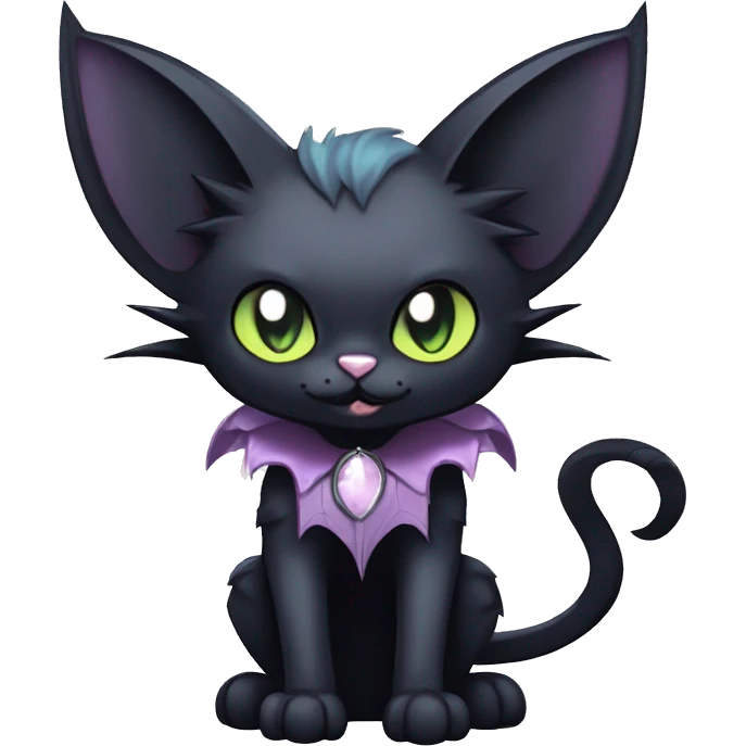   cool edgy kawaii anime-style ethereal dark-punk-themed animal vampiric cat-hybrid Fakemon with fangs and bat-wing-ears with a collar full body emoji