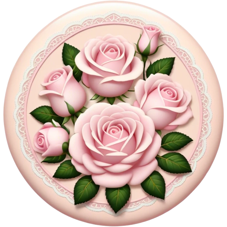 A round light cream colored button with light pink damask lace and white roses emoji