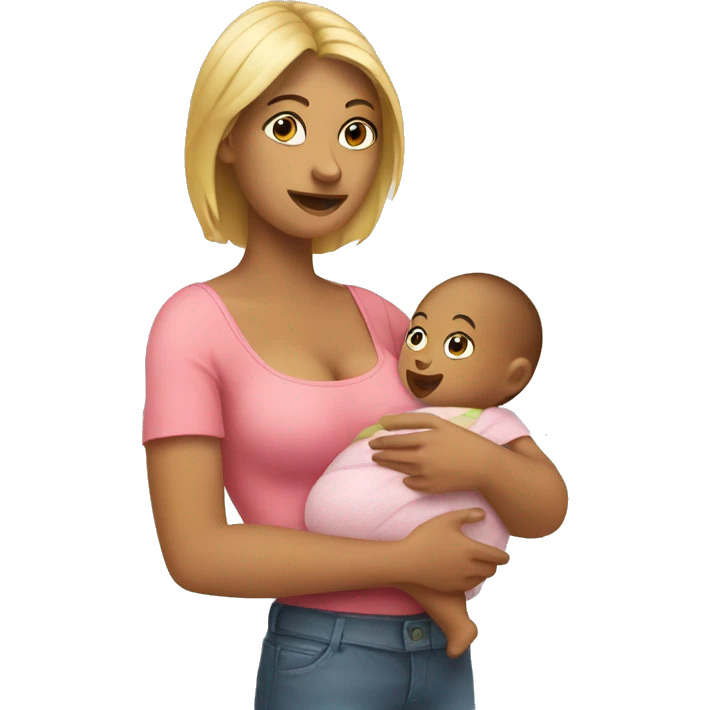 A woman with a baby in her arms, holding a bra emoji