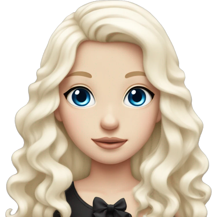 pale blonde girl with long platinum white wavy hair with bright blue eyes and wearing a light pink hair bow holding a black  emoji