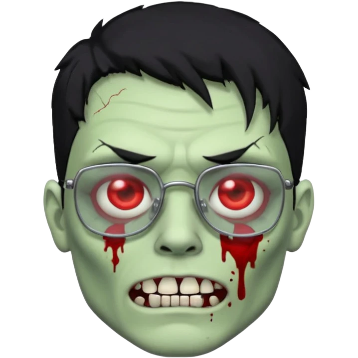 homem zumbi de óculos cabelo preto com muita olheira deixar pele dele verde dentes brancos e olhos vermelhos e ensanguentados deixar óculos quadrado e preto e olhos cheio de veias vermelhas e encher o rosto de piercings emoji