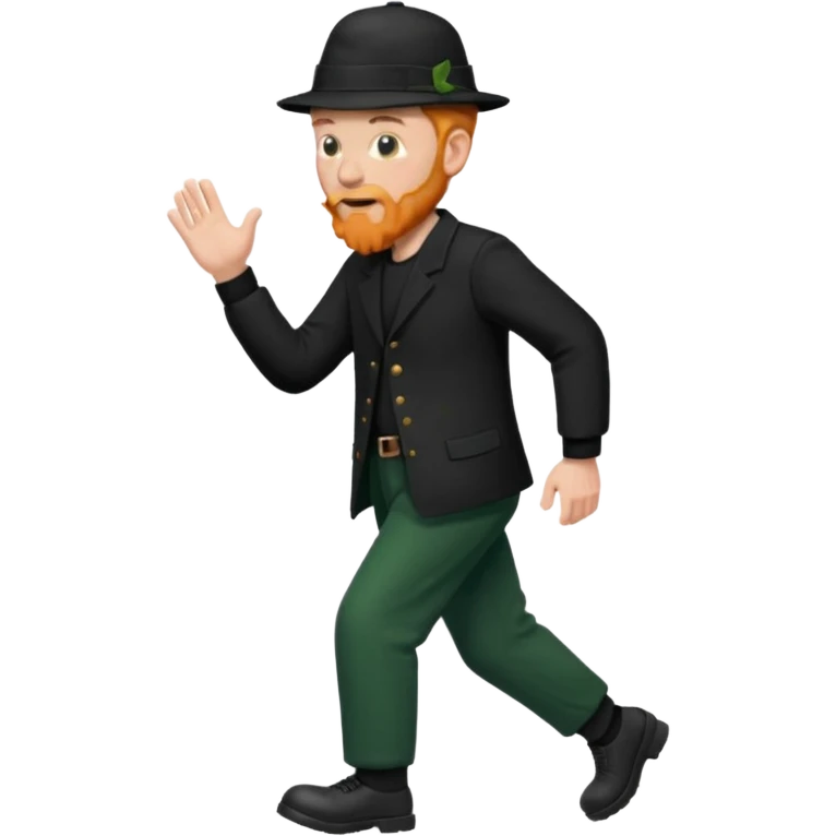 גבר זקן ג'ינג'י מלא כובע שחור הפוך חולמה שחורה ומכנסיים ירוקות ארוכות מבצע צעידה במקום  emoji