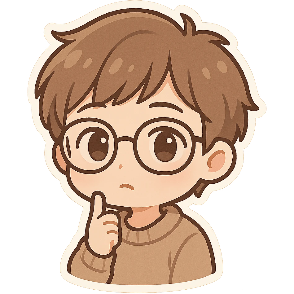 joven chibi de cabello castaño claro y piel clara, con gafas y gesto de estar pensando emoji