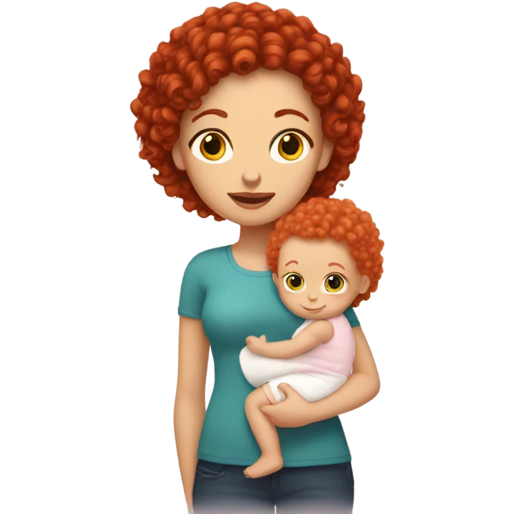 White Female with red curly hair holding bald baby girl emoji