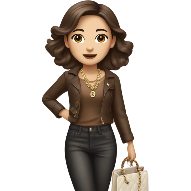 Realistic brown hair Chanel Asian Girl with Birkin bag and Chanel necklace emoji