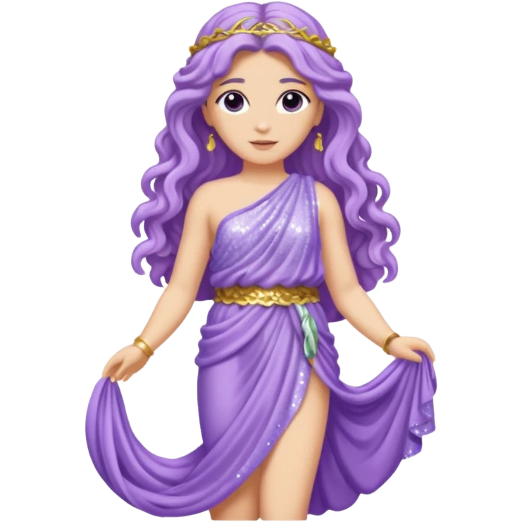 Aphrodite from Roman Deities with long lavender wavy hair, lavender sequin toga emoji