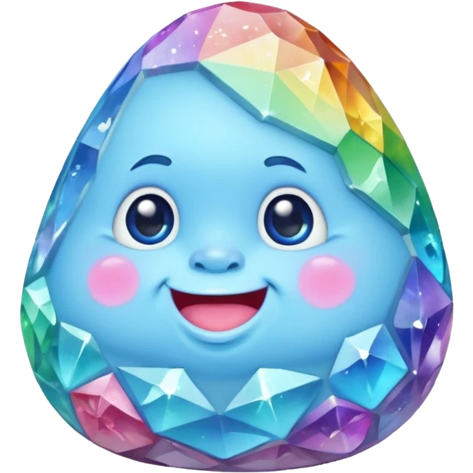 A single pastel rainbow crystal baby rock character, chubby and heavy with a chunky, irregular polygon shape, not egg-shaped, covered in faceted crystal planes and small chips, soft blue face carved into the rock, big glossy rainbow eyes and a small smiling mout emoji