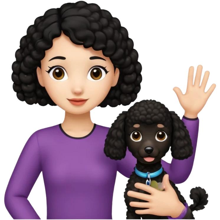 Ponytail black hair girl with brown Poodle say goodbye  emoji