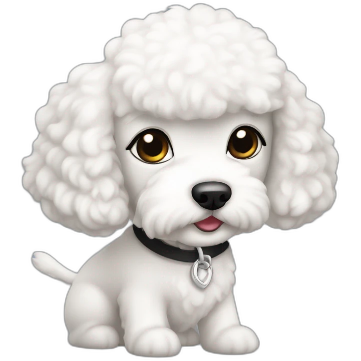 mujer piel blanca con moño negro y perro bichon blanco emoji