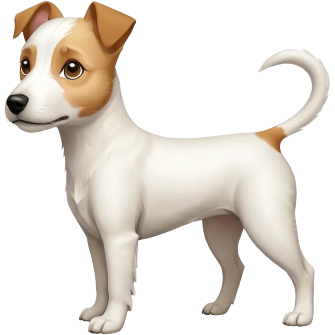 a full body buff white parson russell terrier looking dog the size of a kelpie with light brown long ears and a light brown patch on one eye and a large snout. the rest of the dog is completely white. forward facing emoji