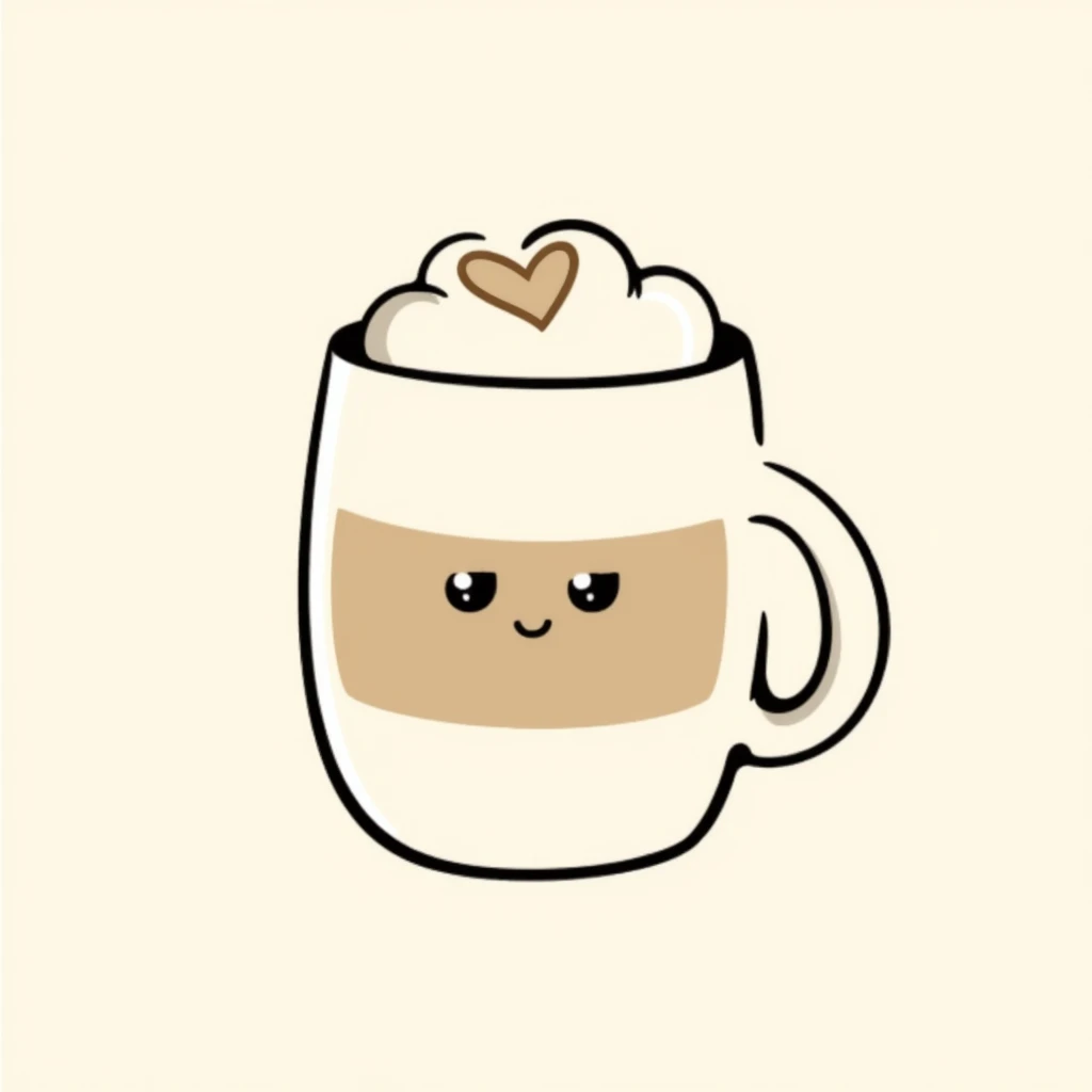 latte with heart foam and a cute face, caramel beige and coffee brown, dreamy hand-drawn Japanese style emoji
