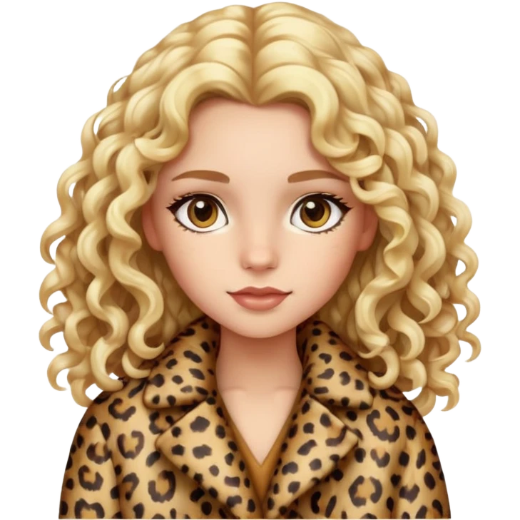 Blonde girl with long curly hair and hazel eyes in leopard print coat  emoji